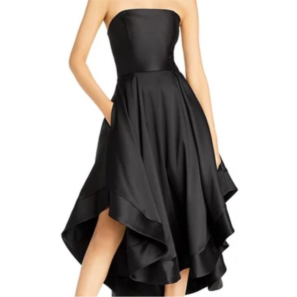 Aqua Mikado strapless midi gown